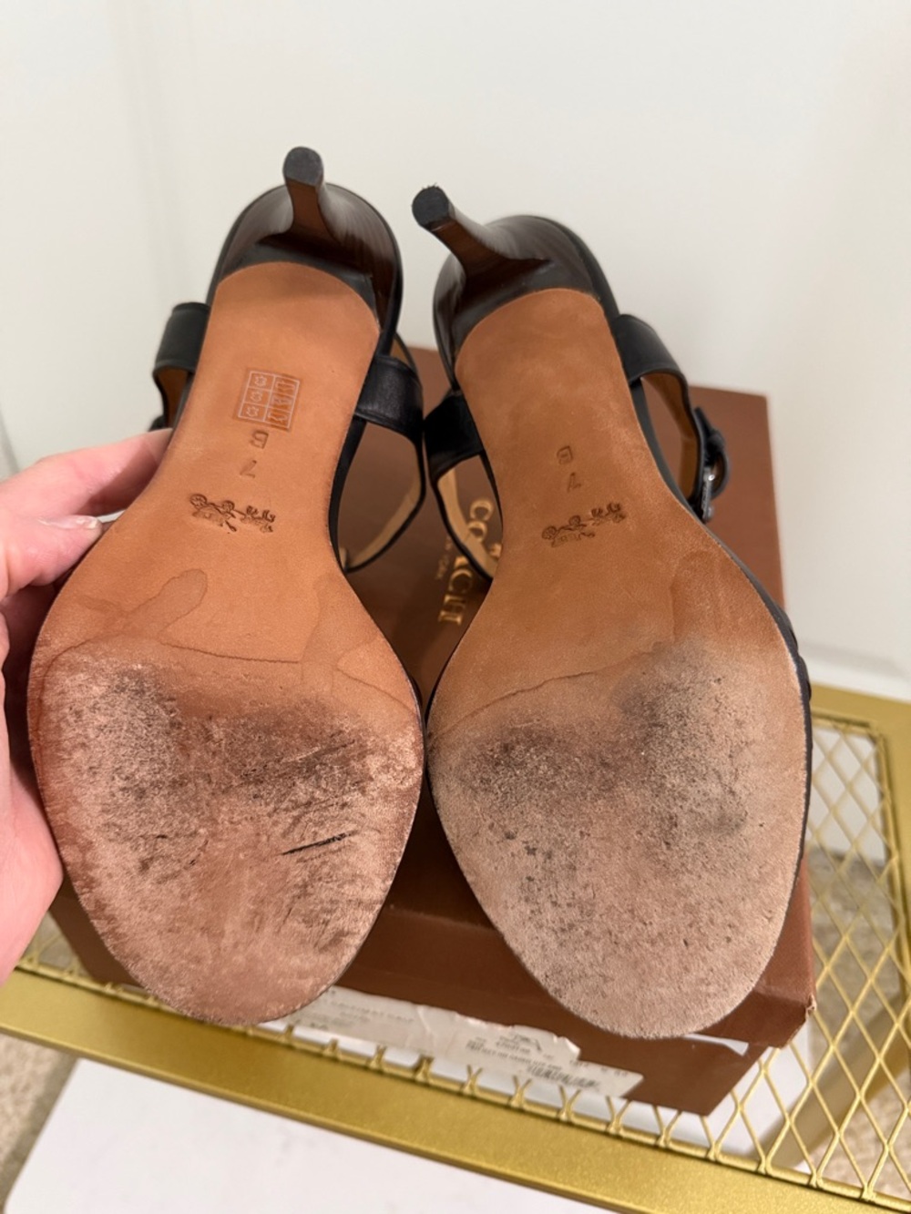 Coach Black Leather T-Strap High Heel Sandals - Picture 4 of 6